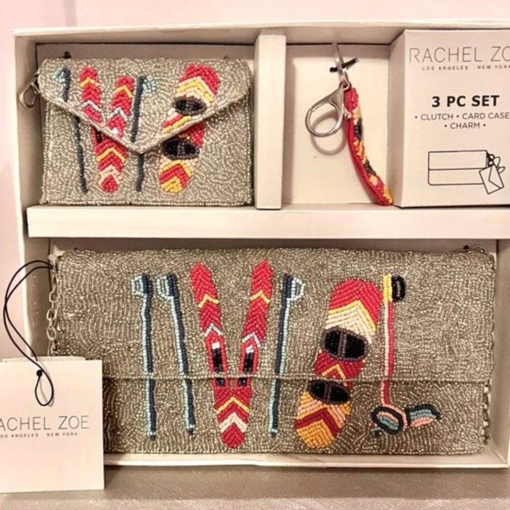 NEW! RACHEL ZOE Silver Beaded Accessory Set. Wallet, Bag, Key chain. 3 piece box